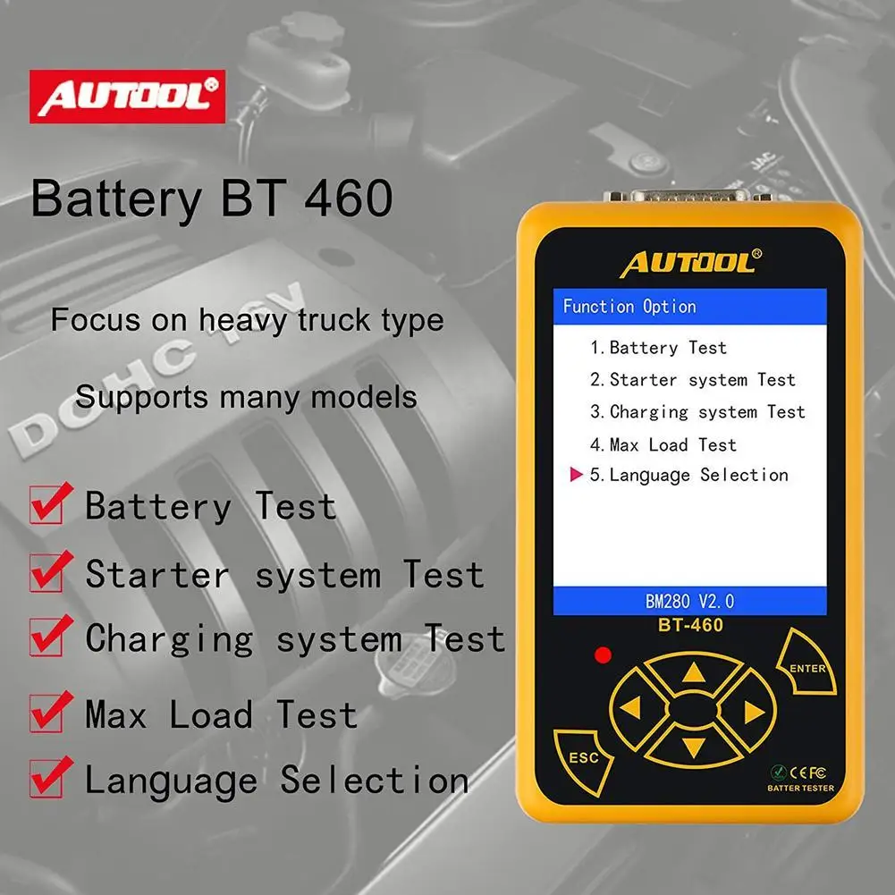 

Auto Portable Diagnostic Tools BT460 Battery Tester Car 12V 24V Digital Analyzer Automotive Cranking Charger CCA Vehicle 4" TFT