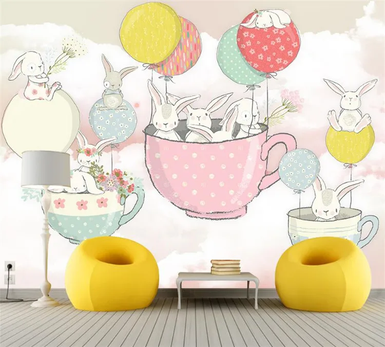 Мультфильм кролик ручная краска шар чайная чашка детская комната на заказ Фреска ТВ фон обои мужчины и Девочки Спальня зеленая стена