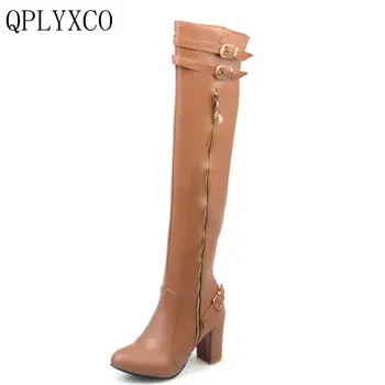 

QPLYXCO 2017 New Sale Big &Small Size 32-45 long boots Fashion Women over the Knee Boots Woman Round Toe High Heels Shoes 9-16