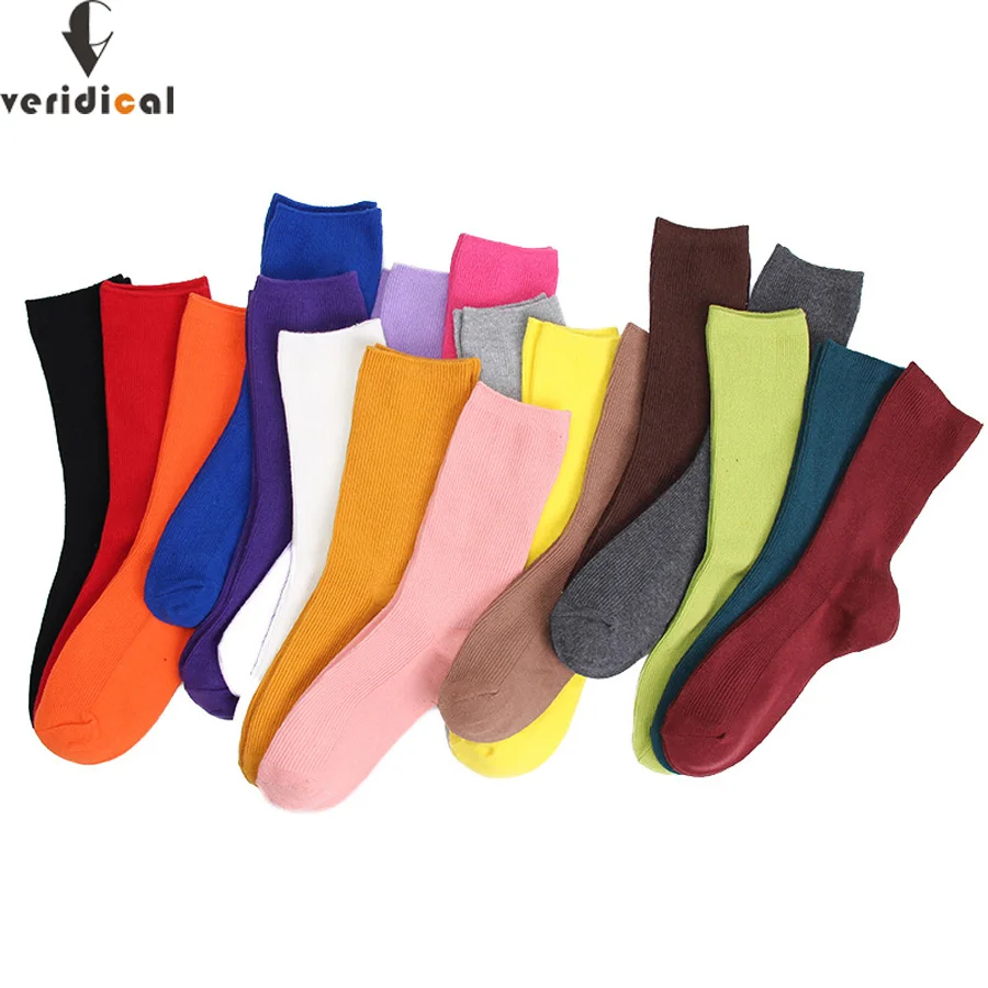 VERIDICAL женские короткие носки для девочек, 18 цветов, женские носки в стиле хараджуку, Хлопковые гольфы, свободные ворсовые теплые носки, 5 пар/лот