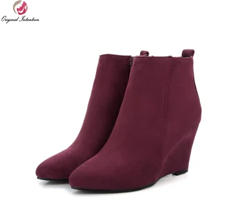 

Original Intention Women Ankle Boots Poupular Pointed Toe Wedges Boots Black Blue Wine Red Fashion Shoes Woman US Size 4-10.5
