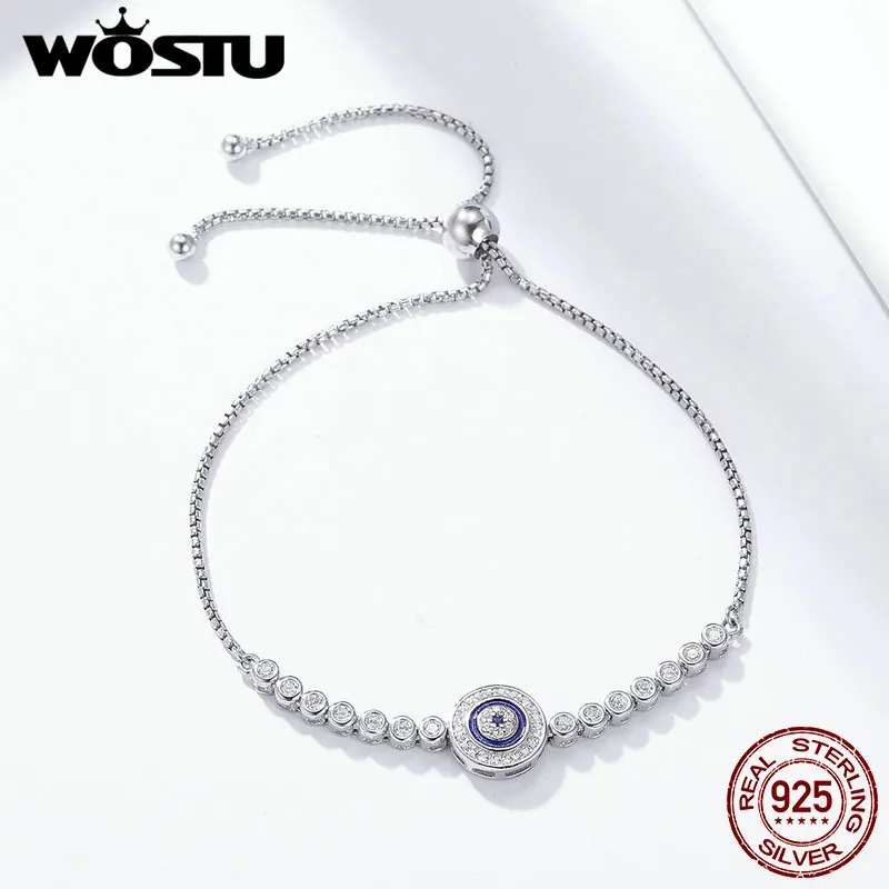 Женский браслет WOSTU из натуральной 925 пробы, серебряный, голубой глаз, Теннисный Браслет, регулируемый браслет-цепочка, ювелирные изделия из стерлингового серебра FIB033