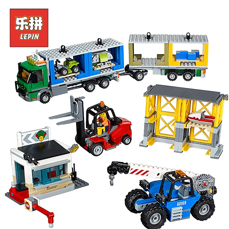 

Lepin 02082 City Engineering Cargo Terminal Set Forklifts Model Building Kits Truck Blocks Bricks compatible 60169 Children Toy