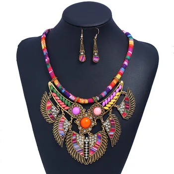 

Bohemia African Jewellery Jewelry Set Tribal Fabric Necklace Earrings Dangle Brand Statement Costume Necklace for Women