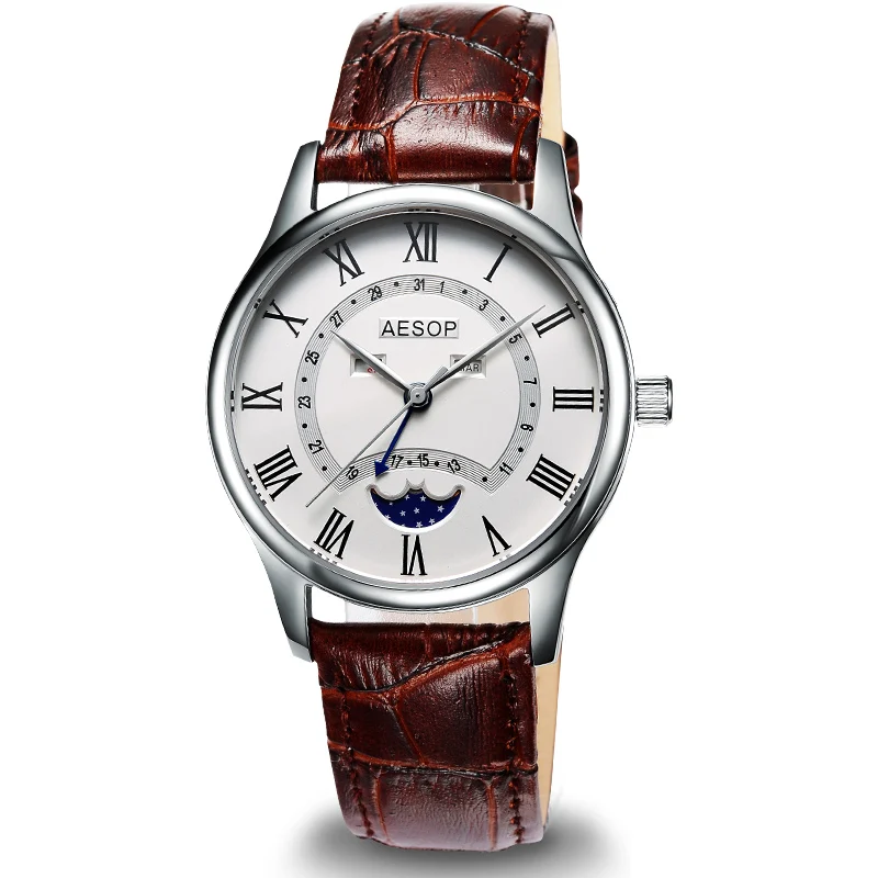 AESOP thinness 9 mm classic style Watch Men Quartz Moon Phase Male Clock Genuine Leather Relogio Masculino hour new arrival - Цвет: 8848 brown white