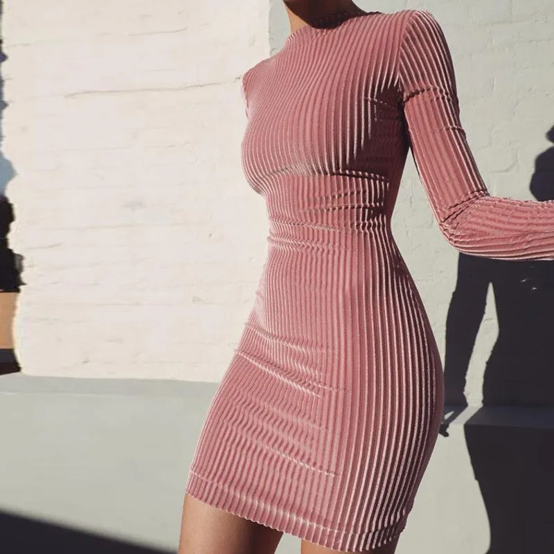 

Velvet package hip bodycon long sleeve dress fall 2018 autumn winter o neck vestidos for club party clothing stripe Female dress