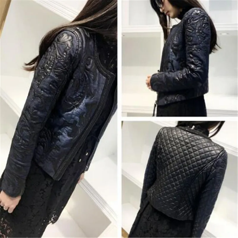 Super high quality 2018 spring autumn Denim basic Women jacket short round neck cowboy stitching PU washed leather Coat