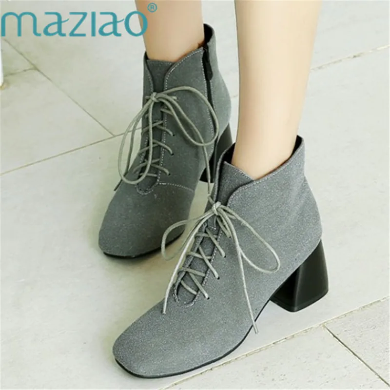 

Fashion Motocycle Booties Square Toe Ankle Boots Solid Color Short Boots Square High Heels Lace Up Martin Boots MAZIAO