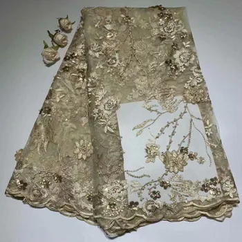 

African Net Lace Fabric 2019 High Quality Nigerian Mesh With Beads Embroidery French Wedding Tulle Lace Fabrics 5 Yards A1767