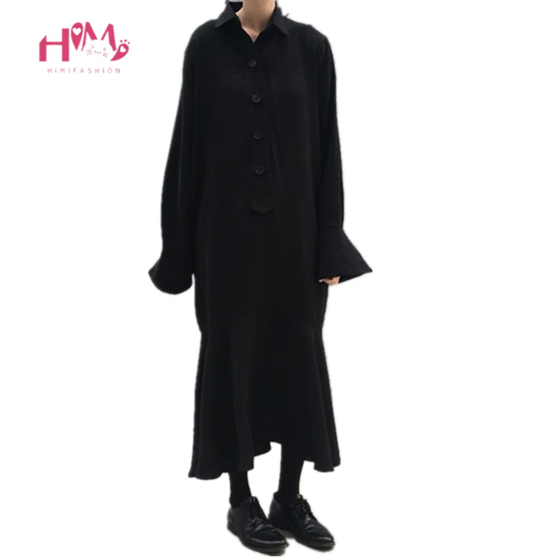 

Harajuku Fashion Loose Black Dress Korean Chic Style Vintage Dark Young Girl Gothic Dresses Flare Long Sleeve Leisure Dress