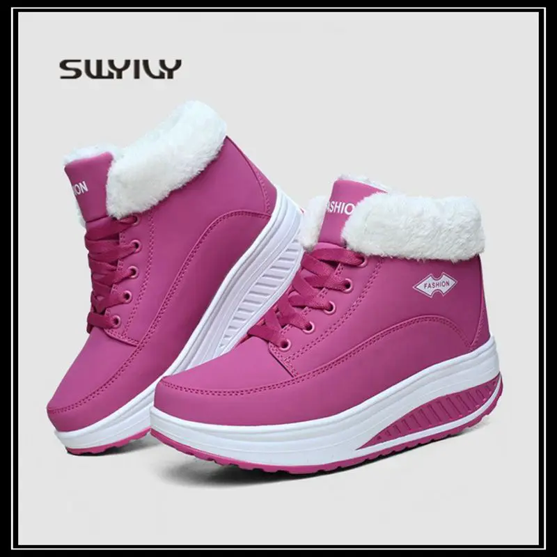 SWYIVY Women Slimming Swing Snow Boots Platform Leather Sneakers 2018 New Winter Warm Plus Velvet Waterproof Female Toning Shoes