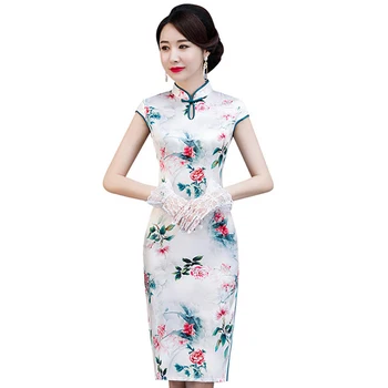 

PLus Size 4XL Female Satin short Evening Cheongsam Chinese Women's Qipao Sexy Print Flower Dresses Vintage Button ZAYS521