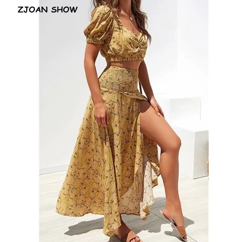 

2019 Retro Leaves Flower Print Tank Top Crop Top Elastic High Waist Split Skirt Vintage Women Short Sleeve Tops 2 Pieces Set