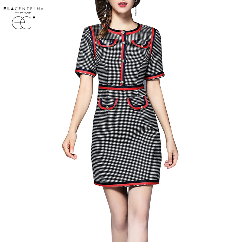 ElaCentelha Early Autumn Wool Dress Women Elegant O-neck Short Sleeve Patchwork Plaid Party Fashion Sexy Mini Dress Vestidos