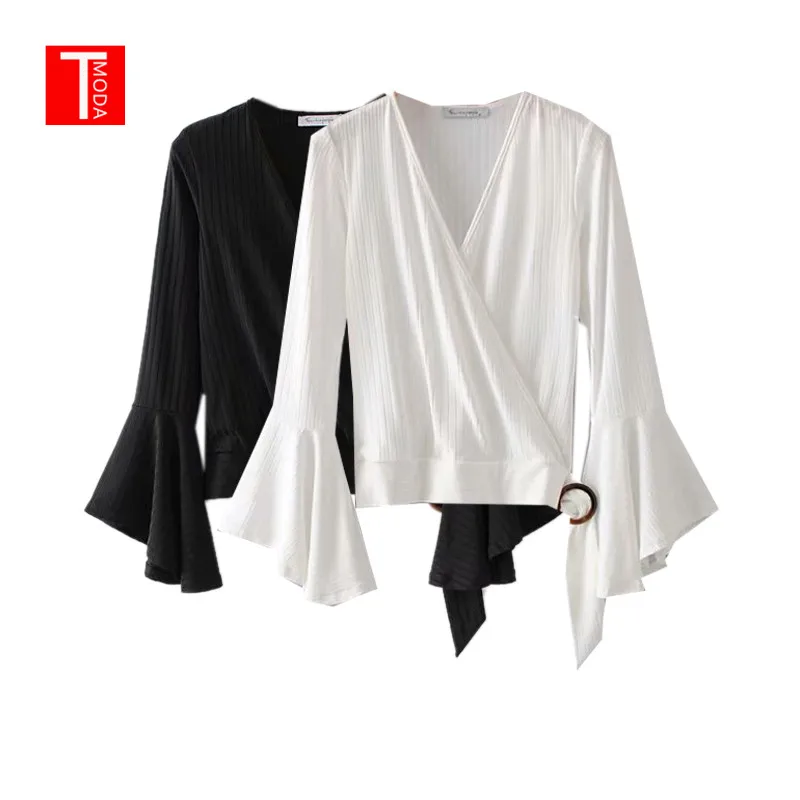 

2019 Spring Black White Sexy Cross V Neck Blouse Flare Sleeve Stretchy Sashes Short Shirts Female Casual Solid Chic Tops Blusas