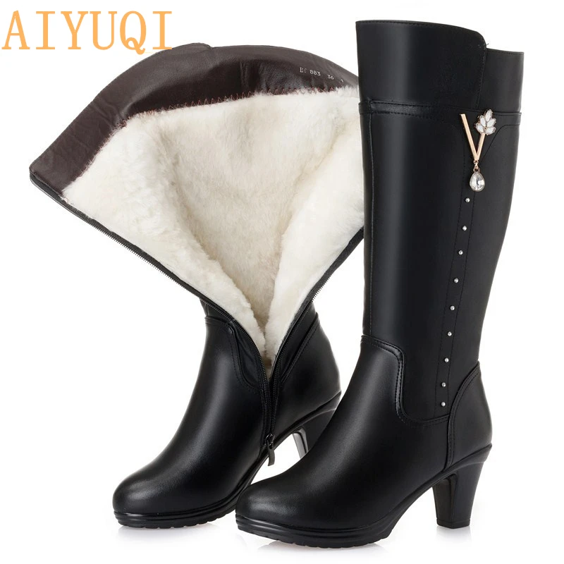US $41.28 Womens Winter Boots 2020 New Genuine Leather Female Boots Size 43 Warm HighHeeled Wool Boots Women Trend Riding Boots Women
