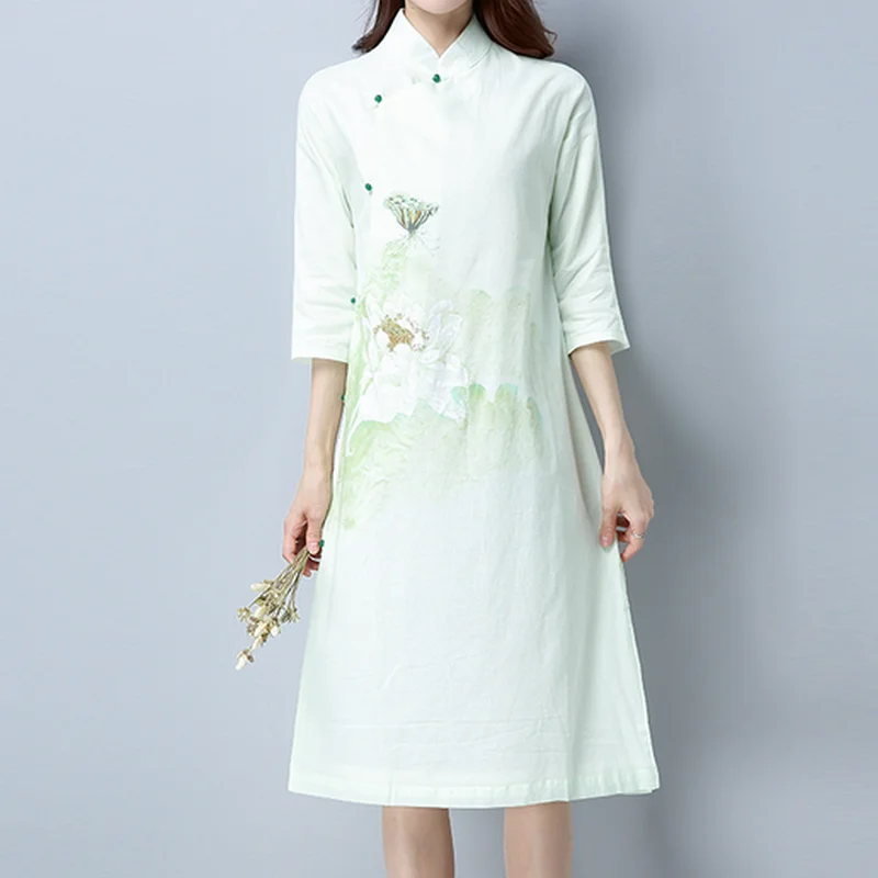 KYMAKUTU Three Quarter Sleeve Autumn Vestidos Stand Collar Chinese Style Button Dresses Split Elegant Print Cotton Linen Dress | Женская