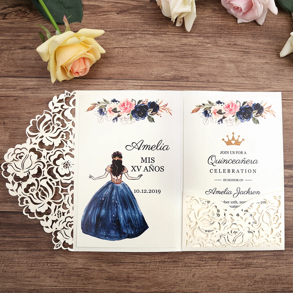 50 قطعة الأبيض الليزر قطع الزهور بطاقات الدعوة لحفل الزفاف حزب