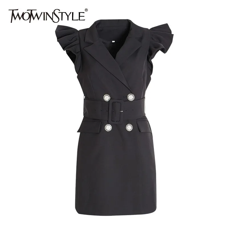 

TWOTWINSTYLE Summer Sleeveless Dress For Women Lapel Collar Ruffles High Waist Sashes Elegant Dresses Female 2019 Fashion