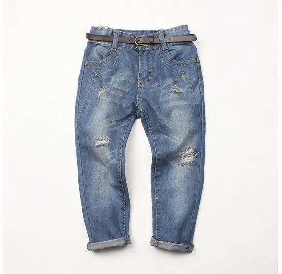 Y4050809-48, модные джинсы с поясом для маленьких мальчиков, потертые штаны для мальчиков, джинсовая повседневная детская одежда
