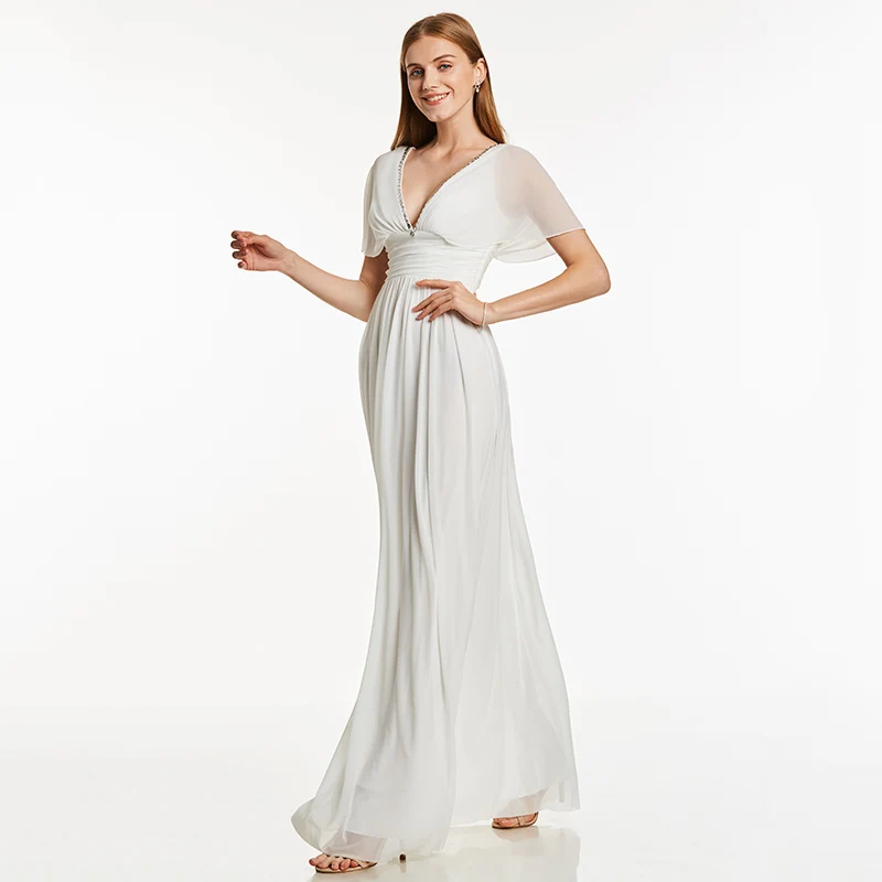 Женское вечернее платье с v образным вырезом цвета слоновой кости|formal evening dress|evening