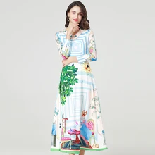 Женское платье макси с длинным рукавом милое длинное принтом V_neck