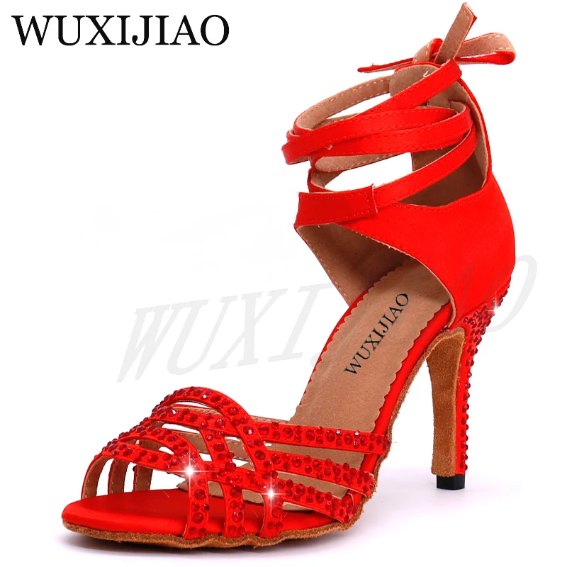 WUXIJIAO السيدات اللاتينية الرقص أحذية مع الأحمر الحرير حجر الراين نمط عالية الكعب أحذية رقص السالسا كعب 10 سنتيمتر