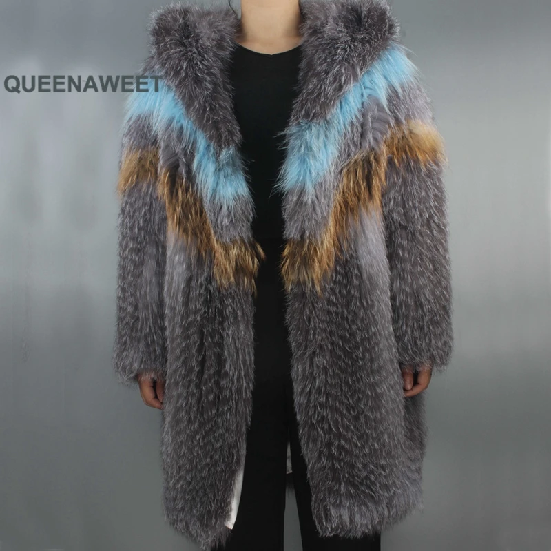 

New Arrival X-Long Knit Silver Fox Fur Coat With Fur Hood Real Fur Jacket Geometric Pattern Winter OverCoat Free Size