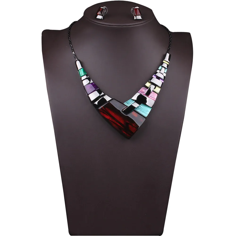 

Fashion Charm Prom Wedding Bridal Jewelry Set Colorful Crystal Bib Necklaces Statement Stud Earrings Set Womens Jewelry Set Gift