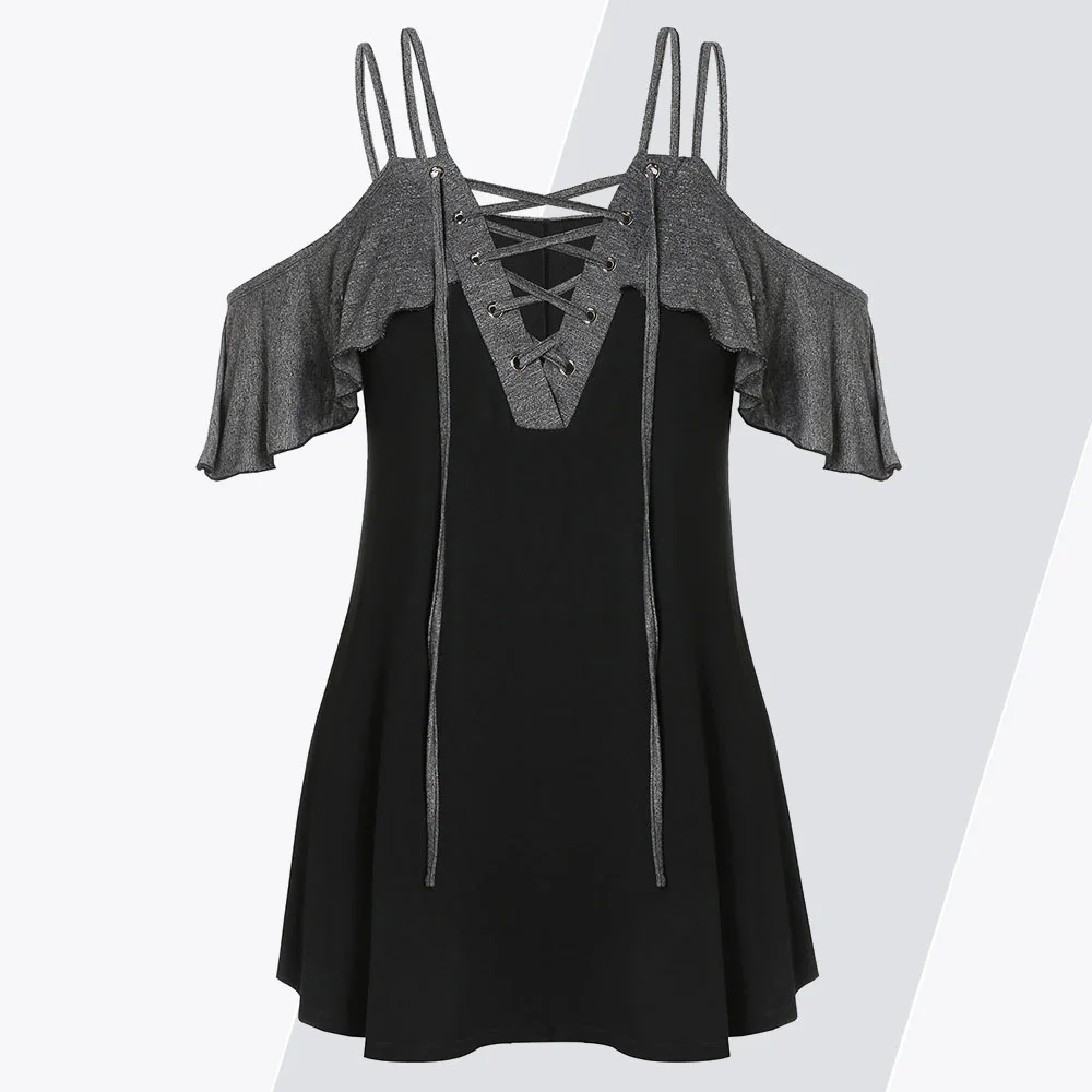 

Rosegal Plus Size Women Tops Open Shoulder Lace Up Plus Size T-shirt V-Neck Pathwork Tees Short Batwing Sleeve Vintage Shirts