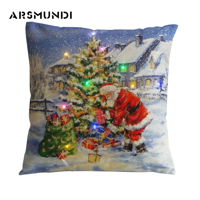 

Fashion Home Use LED Flax Decorative Pillowcase Printed Woven Christmas Pillowcase Snowman Simple Pillow Case 450mm*450mm