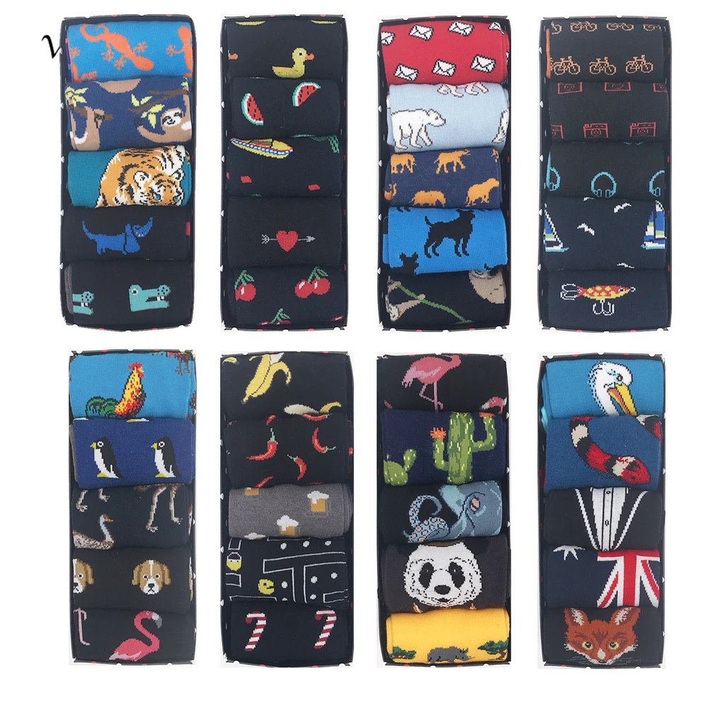 

VPM 50 Color Men's Socks Big Size Funny Happy Harajuku Alien Business Wedding Party Dress Christmas for Men Gift Box 5 Pairs/Lot