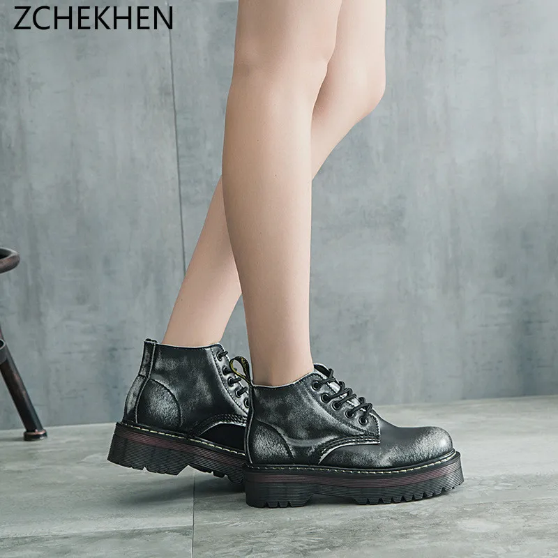 

Women genuine leather martin Boot Platform Winter Motorcycle military Boots Women's Punk Ankle Boots thick bottom Women Shoes