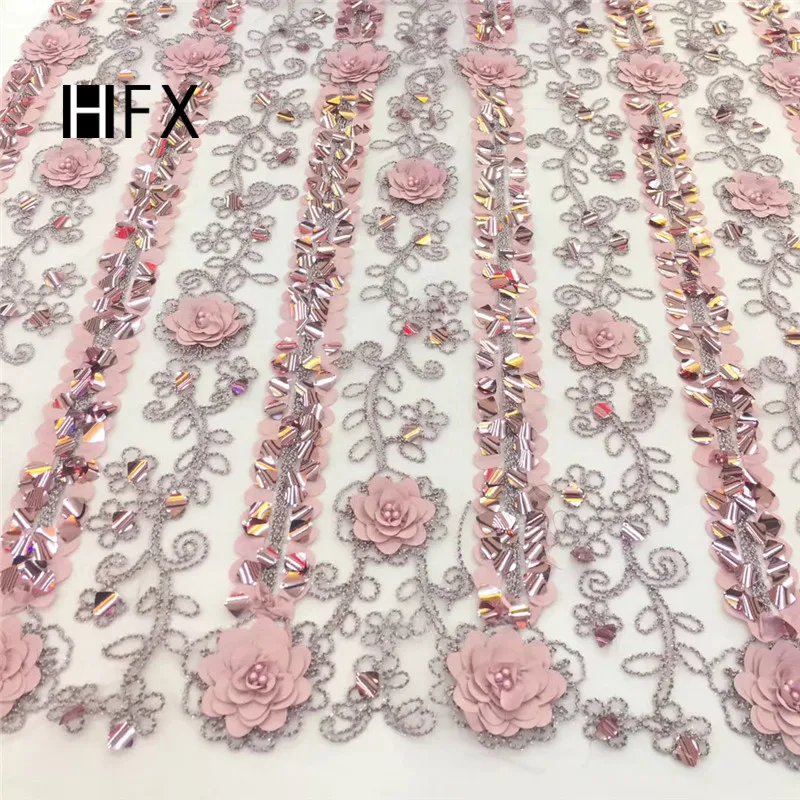 

HFX French Lace 2019 Sequin Embroidered 5 Yards Wedding Tulle Lace High Quality Pink Beaded 3d Flowers African Lace Fabric X1697