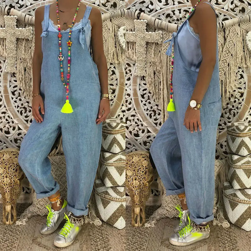 Fashion Women Sleeveless High Street Playsuits Overalls Straps Jumpsuit Romper Straight Trousers NEW Plus Size S-2XL