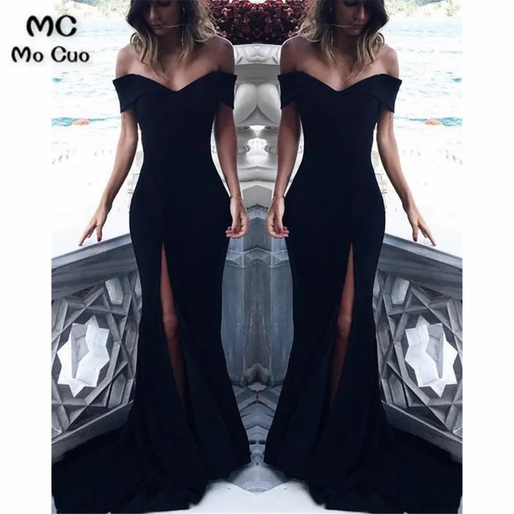 

Off Shoulder Mermaid Prom Dresses Long Evening Gown Front Slit Short Sleeves Elastic Satin Prom Dress for Women Custom Made