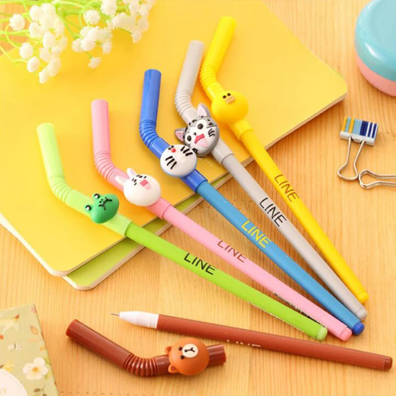 

6 pcs/Lot Creative Straw Gel Ink Pen Cute Brown bear Doraemon Cartoon Animals Stationery Office & School Supplies lapices caneta