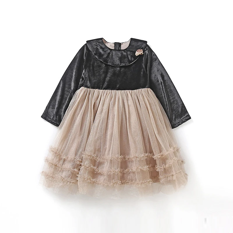 

thick warm black elegant velvet dresses age for 4-14 yrs baby girl long sleeve dress stitching tulle tutu ball gown party frocks