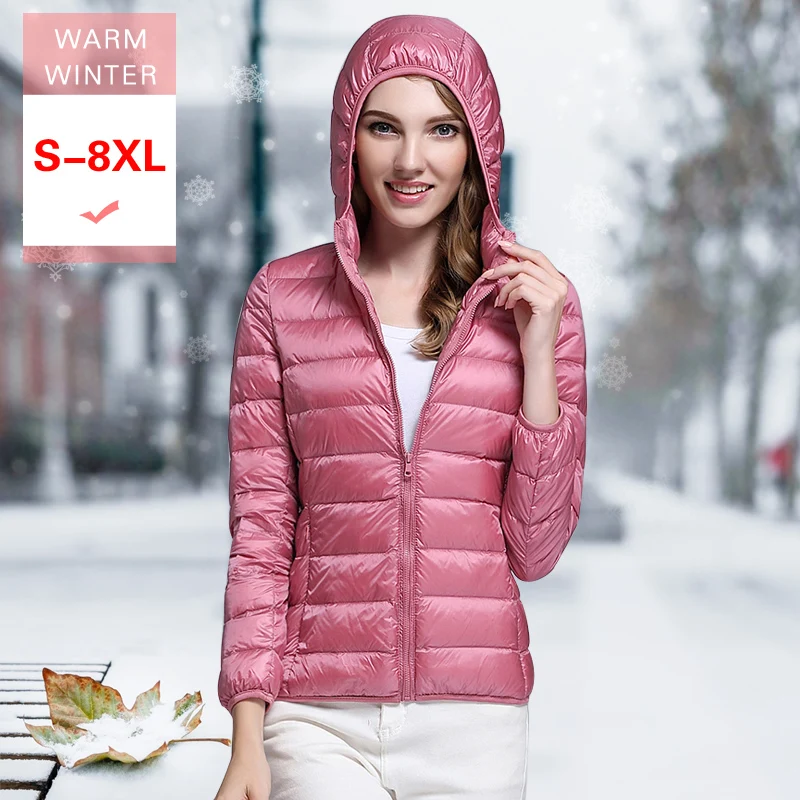 

8XL Large Size New Winter Women White Down Jacket Female Ultra Light Soft Casual Down Coat Hooded Short Windproof Feather Coat