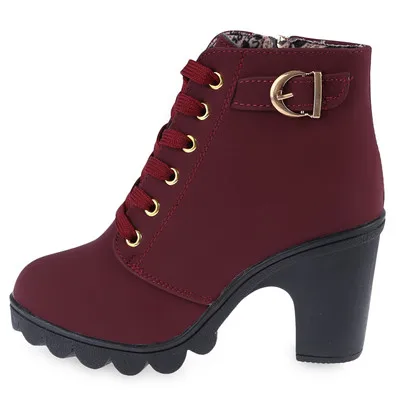 Cuculus/Новинка; сезон весна-зима; женские ботинки высокого качества; однотонная женская обувь на шнуровке в европейском стиле; модные ботинки из искусственной кожи на высоком каблуке; 656 - Цвет: Red