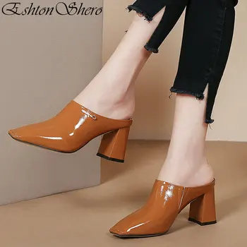 

EshtonShero Summer Woman Slippers Square High Heels Leather+PU Slip On Patent Leather Slingback Ladies Wedding Shoes Size 3-12