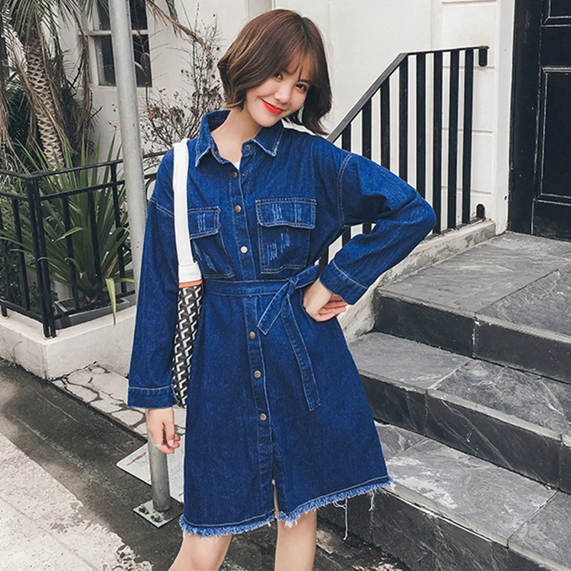 Plus Size Dresses For Women 4XL 5XL 2018 Autumn Vintage Denim Dress Lace Up Single Breasted Shirt Dress Fringe Jean Vestido Midi