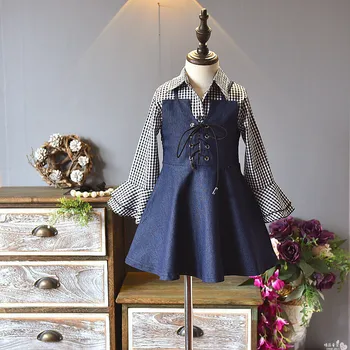 

Girls Dress Clothes Set Long Sleeve Blouse Shirt and Jeans Overall Dress 2 Pcs Clothing Suits Autumn Girls Outifts Lovely Sets