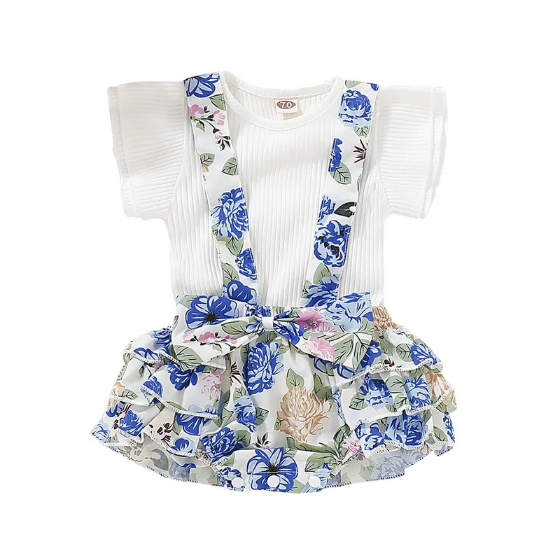 

Girl Clothes Cotton Ruffles Sleeve White girls blouse + Plaid Bow Ruffle Sling Pants Outfits 2pcs Set For Toddler Infant D30