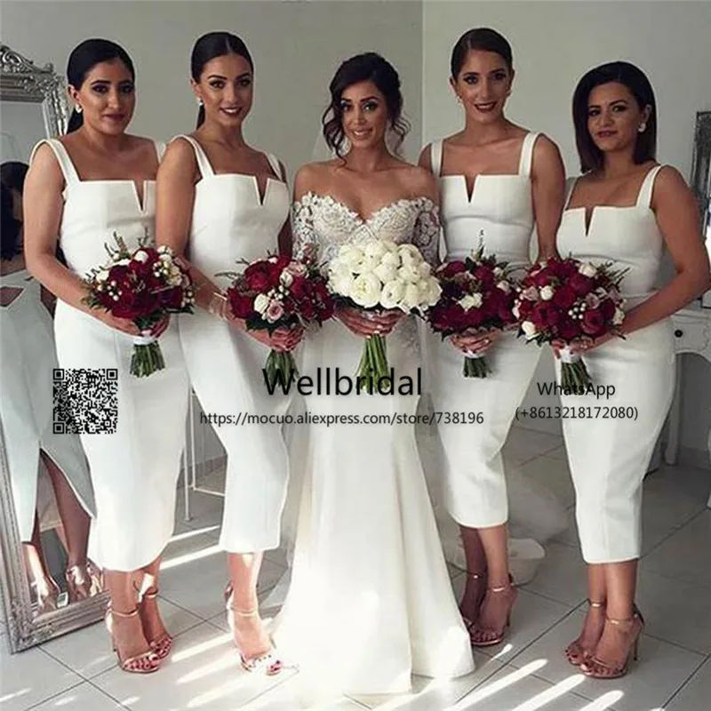Simple Cheap Unique White Off Shoulder Straight V Neck Sexy Tea Length Bridesmaid Dresses