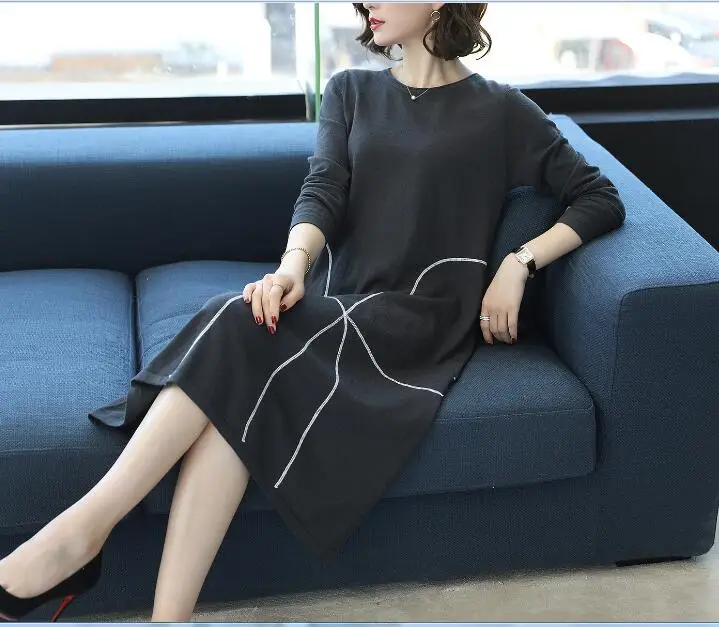 Новое поступление осеннее женское длинное вязаное платье женское платье-свитер пуловер Длинный свитер - Цвет: black grey
