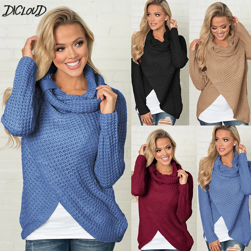 

DICLOUD Fashion Long Sleeve Sweaters Women Autumn Winter Knitted Sweaters Ladies Solid Color Vintage Short Tops Woman Pullovers
