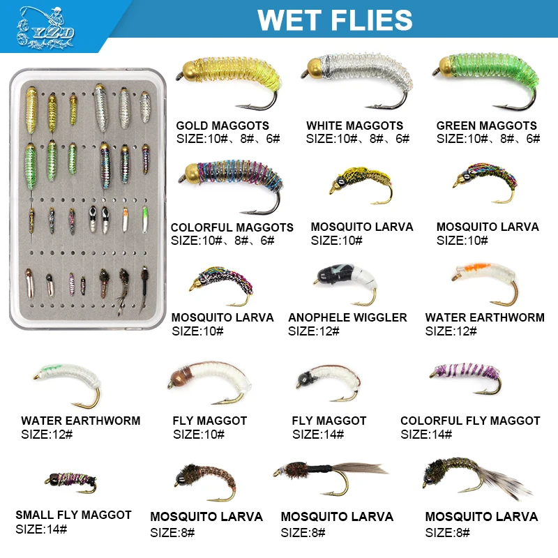 Форель Рыболовные крючки мухи коллекция сухой мокрой Nymph муха ассортимент с Fly Box Flyfishing Flys приманки 26 комплектов