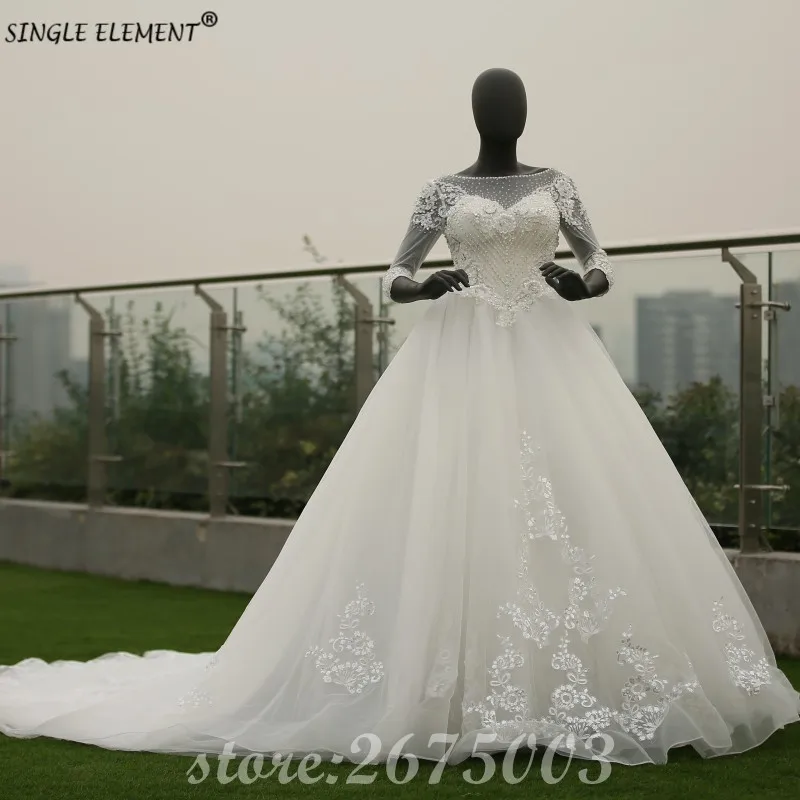 

Real Photo 3/4 Sleeve Heavy Beading Modest Hand Made Wedding Dresses Ball Gown