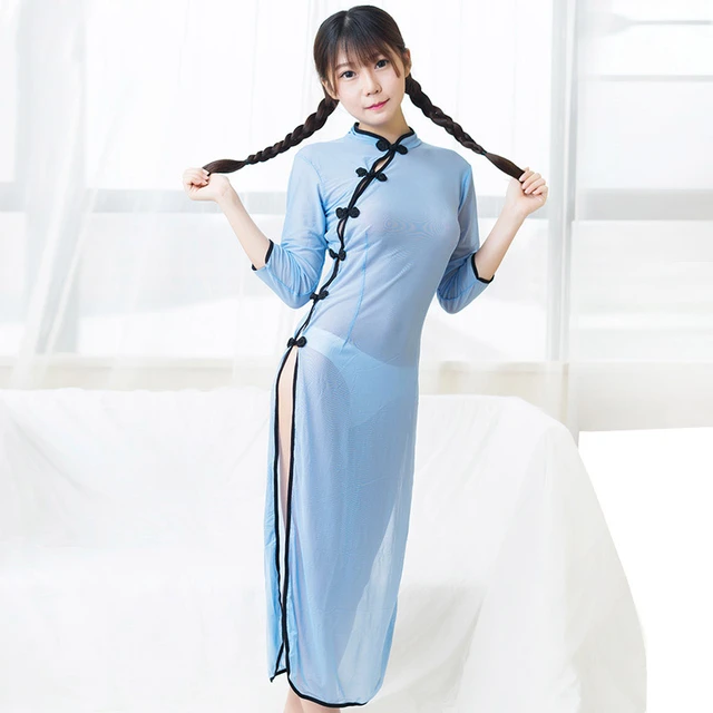 Republic Of China Cheongsam Style Student Dress Micro Transparent High Slit  Sexy Nightdress - Babydolls & Chemises - AliExpress